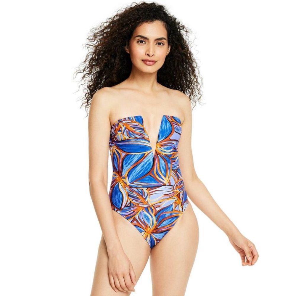 Women's Leafy Palm Print Deep V-Neck High Leg Cheeky One Piece Swimsuit - F